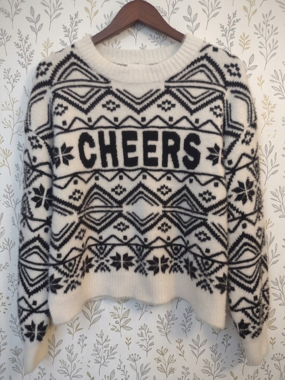 Pink Rose Cheers Fair Isle Eyelash Knit Pullover Sweater Black White Medium